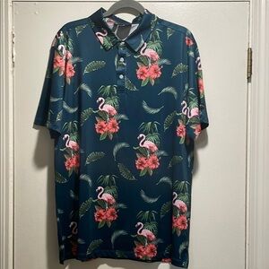 Yatta Golf Tropical Blue Pink Flamingo Polo Shirt with Floral Design Size L